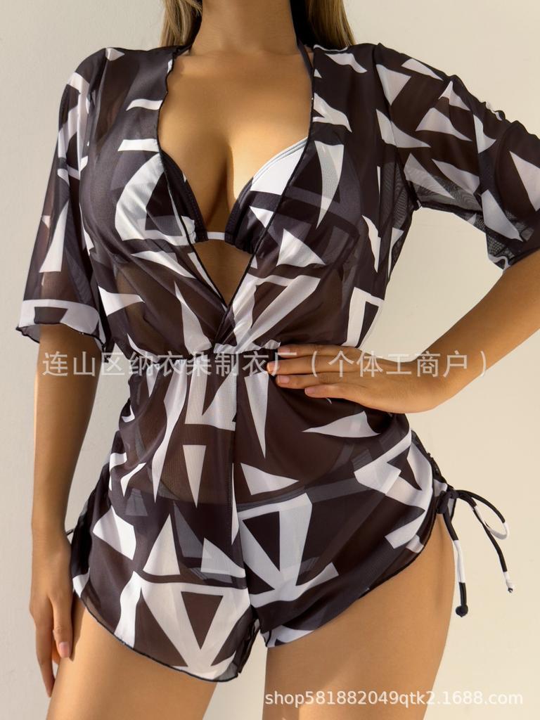 Swimsuit Beach Sunscreen Tropical Plant Printed Blouse Swimsuit Women's Three-piece Neck Bikini