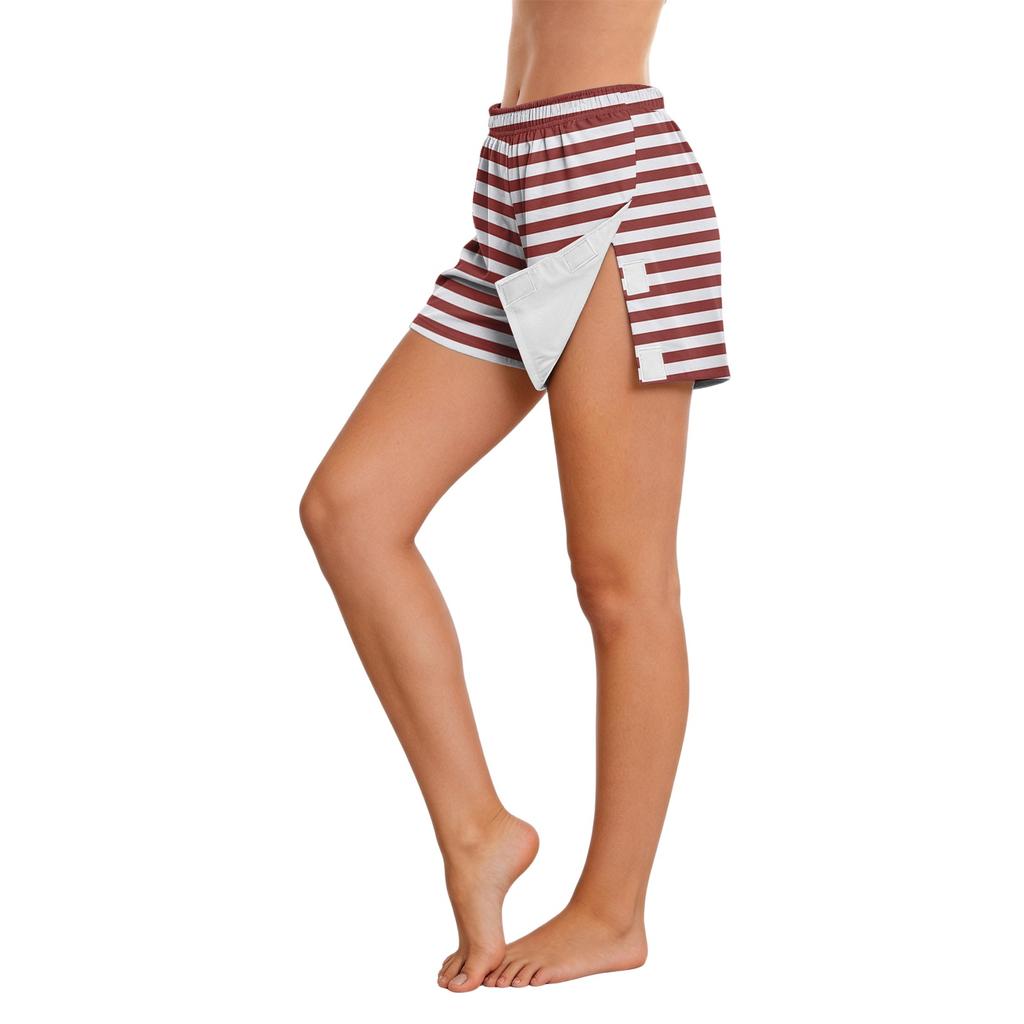 Women Post Surgery Recovery Shorts Adjustable Side Velcro Closure Elastic Waistband Lightweight Breathable Fabric Striped Pattern Comfortable Fit