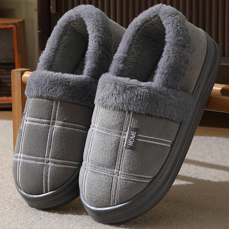 2025 Men's Large Winter Cotton Slip-on Slippers with Warm Fur and Thick Sole