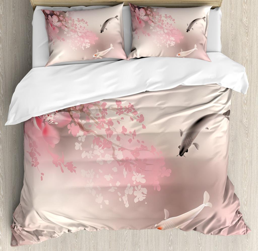 Japanese Duvet Cover Set,Branch Of A Flourishing Sakura Tree Flower Cherry Blossoms Spring Theme Art Japan Bedding Set Full Size