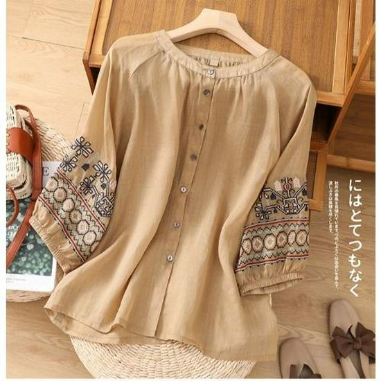 41 Retro Embroidered Lantern Sleeve Top - Women's Cotton & Linen Summer Shirt