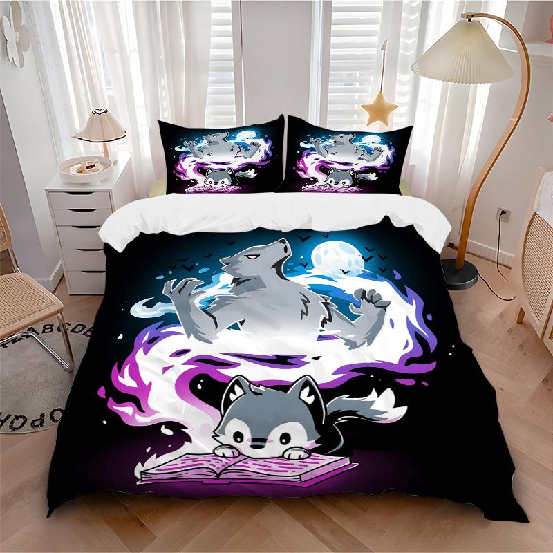 3-teiliges Magischer Wolf Aufdruck Bettwäsche-Set, Weiche und Bequeme Bettbezüge für Schlafzimmer, Gästezimmer (1 Bettbezug + 2 Kissenbezüge, Kissenkerne Nein