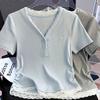 Fake Two-piece Lace Splicing V-neck Short-sleeved T-shirt Women's Summer New Popular Thin Slim Short Top Tide