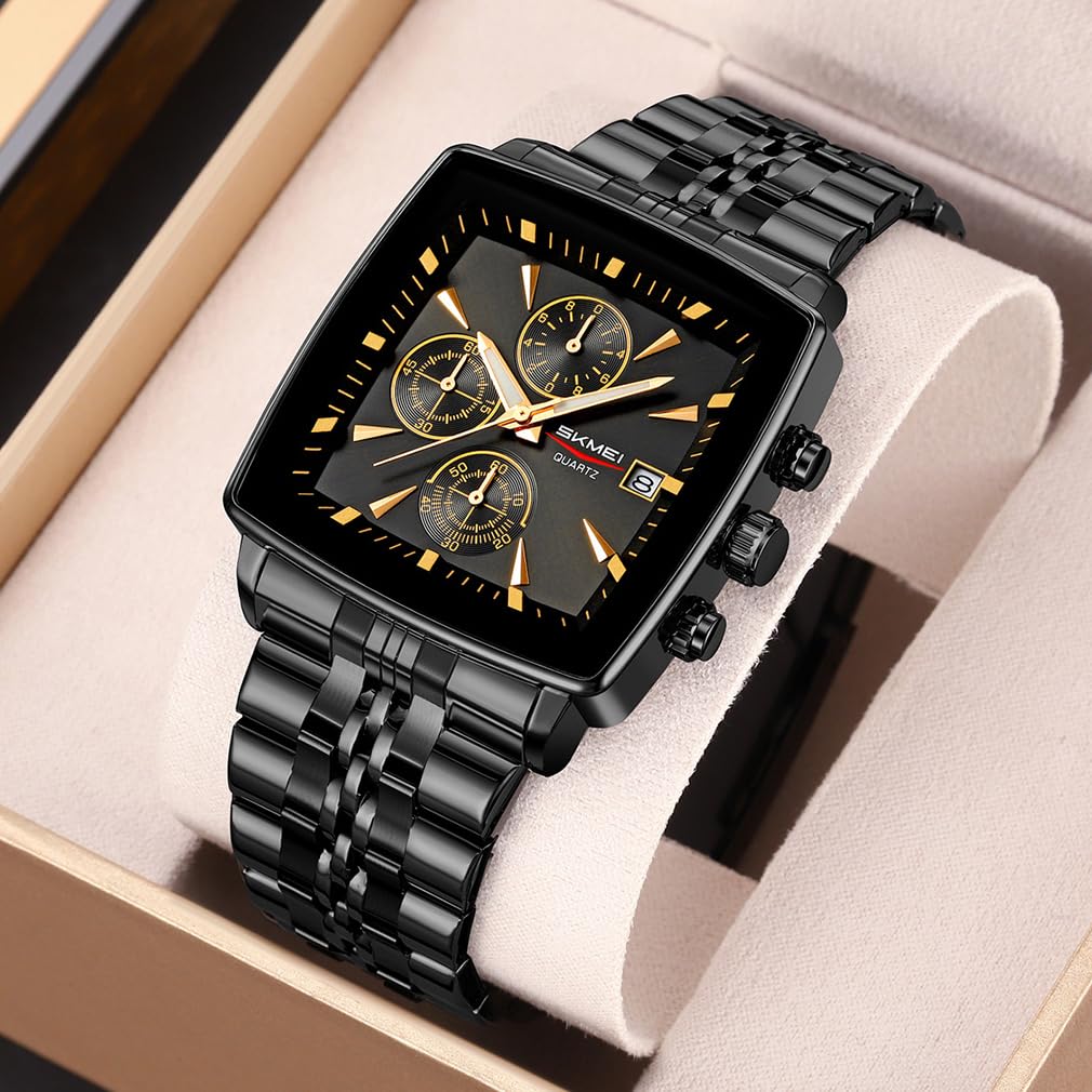 SKMEI Square Stylish Black Stainless Steel Arm Watch Waterproof Analog Business Casual Chronograph Big Face Watch Luxury Present Black Gold Wach for