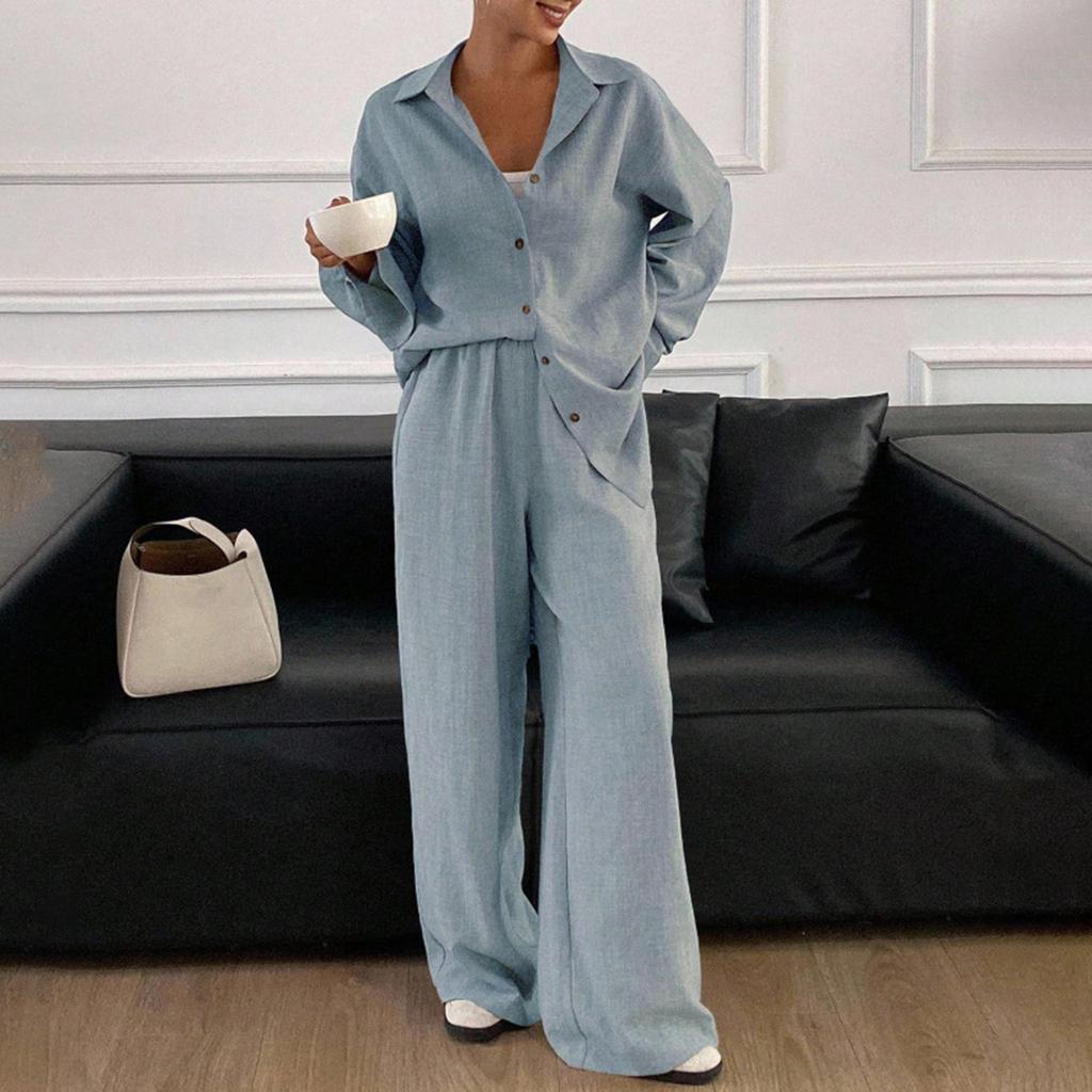 Damen Freizeitanzug Locker Baumwolle und Leinen Langarmhemd Hose Zweiteiliges Set