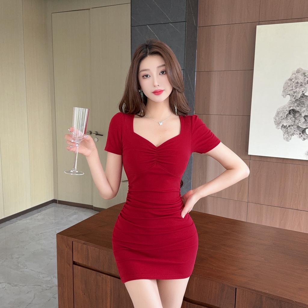 Summer new small women's clothing sexy V-neck black short-sleeved slim-fitting and thin hip-wrapped dress women