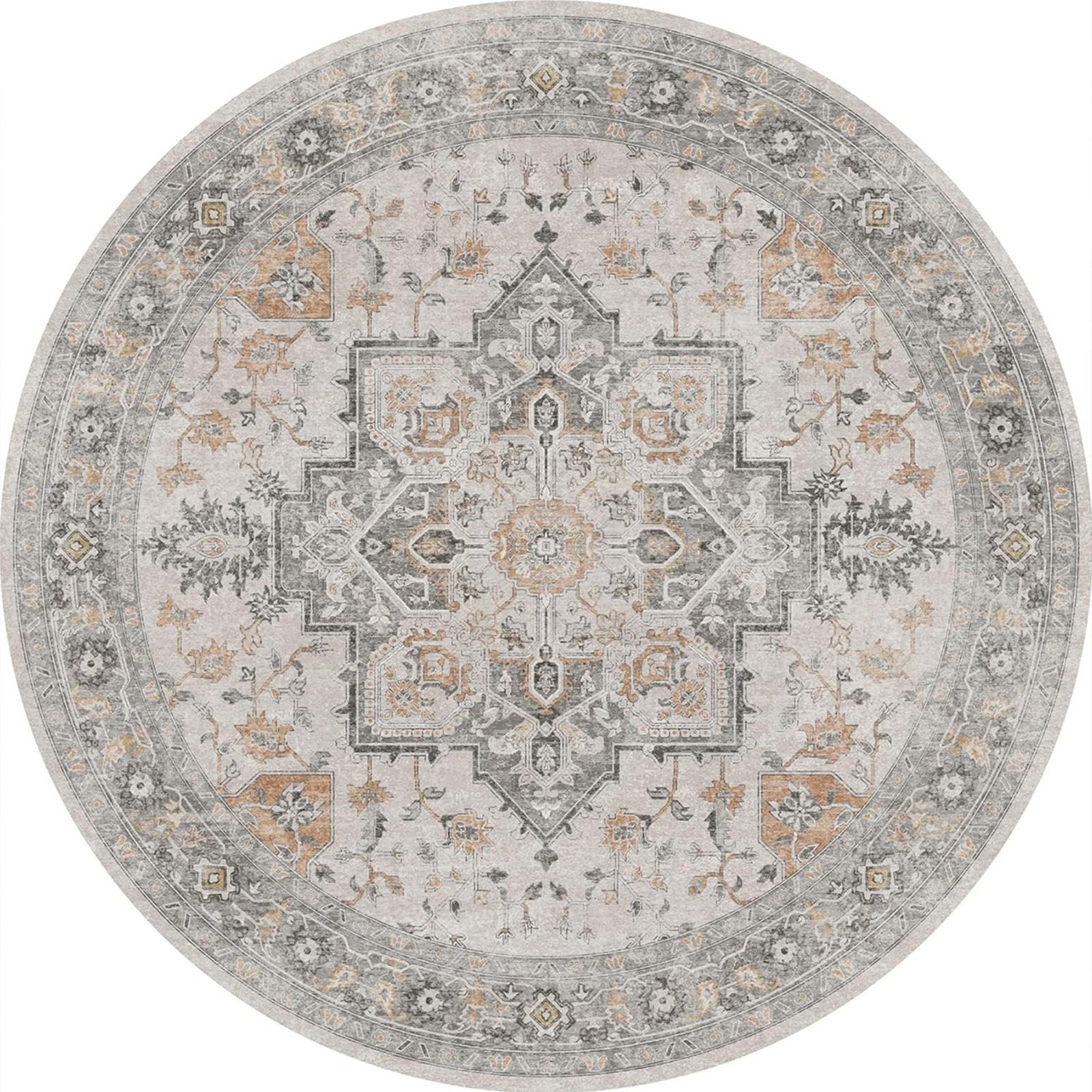 

Classic Round Medallion Carpet Gray/Beige Intricate Symmetrical Motifs with, Vintage Elegant Area Rug for Living Room & Bedroom 80cm
