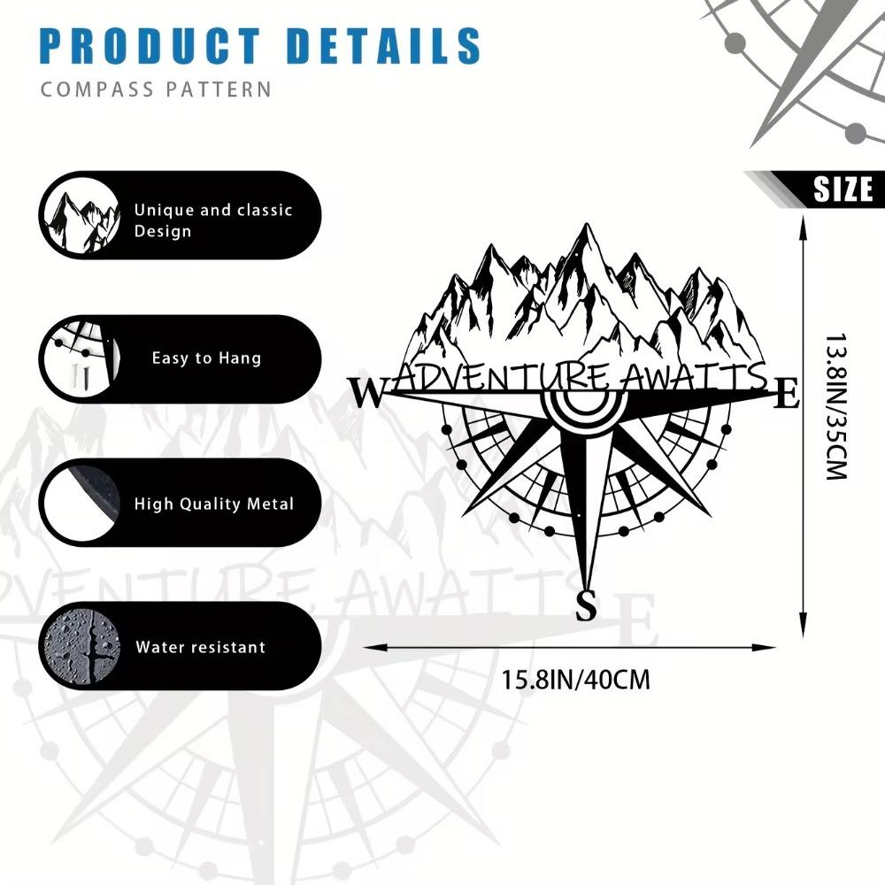 Compass Metal Wall Art - Mountain Peak View Decor, Modern Sticker Mural for Office, Dining Room and Lobby Walls