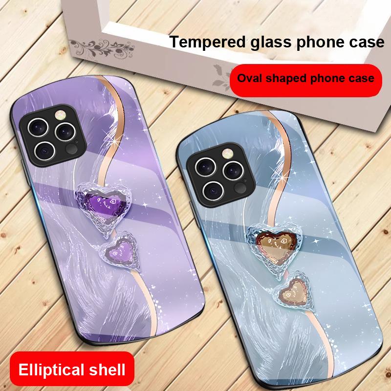 Amber Double Love For IPhone 16 Pro Max 15 Pro 14 13 12 Mini 11 XS Max XR 7 8 Plu SE 2022 Elliptical Glass Phone Case