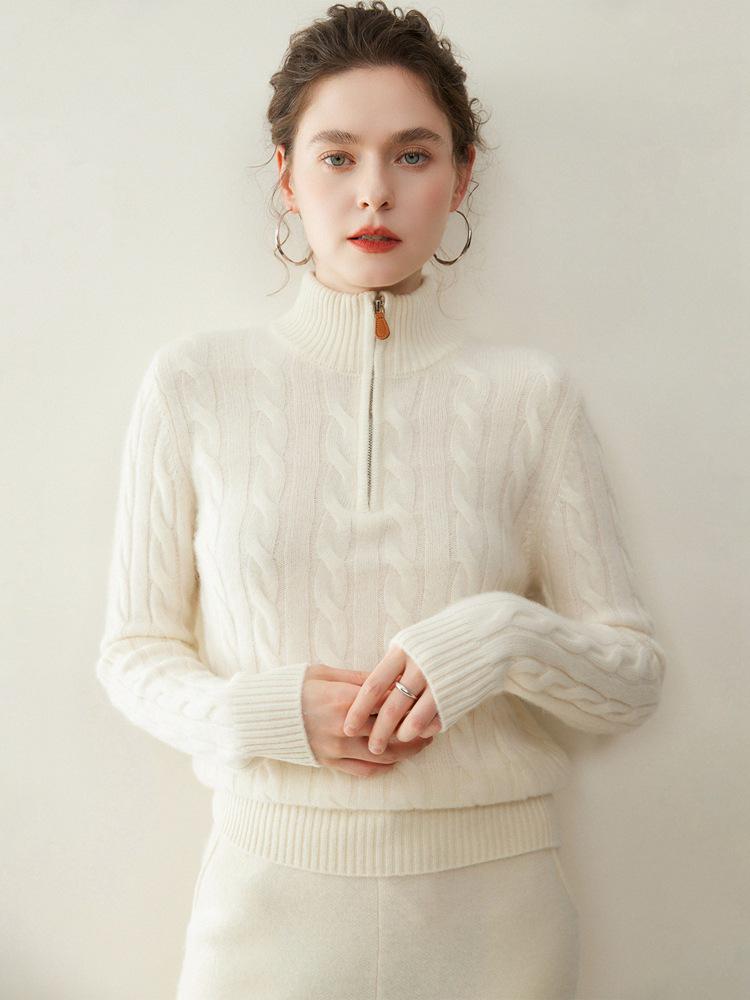 Women's Cashmere Knit Base Layer: Korean Style, Semi-High Neck, Long Sleeves, Half-Zip, Full Body Cable Knit Design. Fashionable & Versatile.