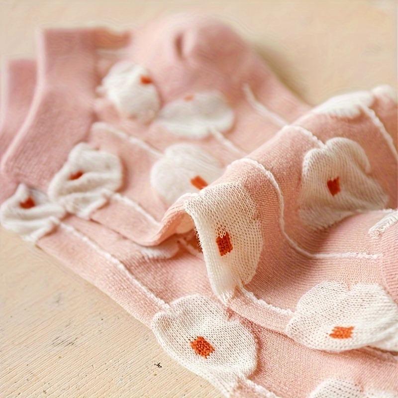 5 párů Kawaii roztomilých květinových 3D texturovaných kotníkových ponožek - Tenké ponožky nízkého střihu ve vintage stylu pro ženy