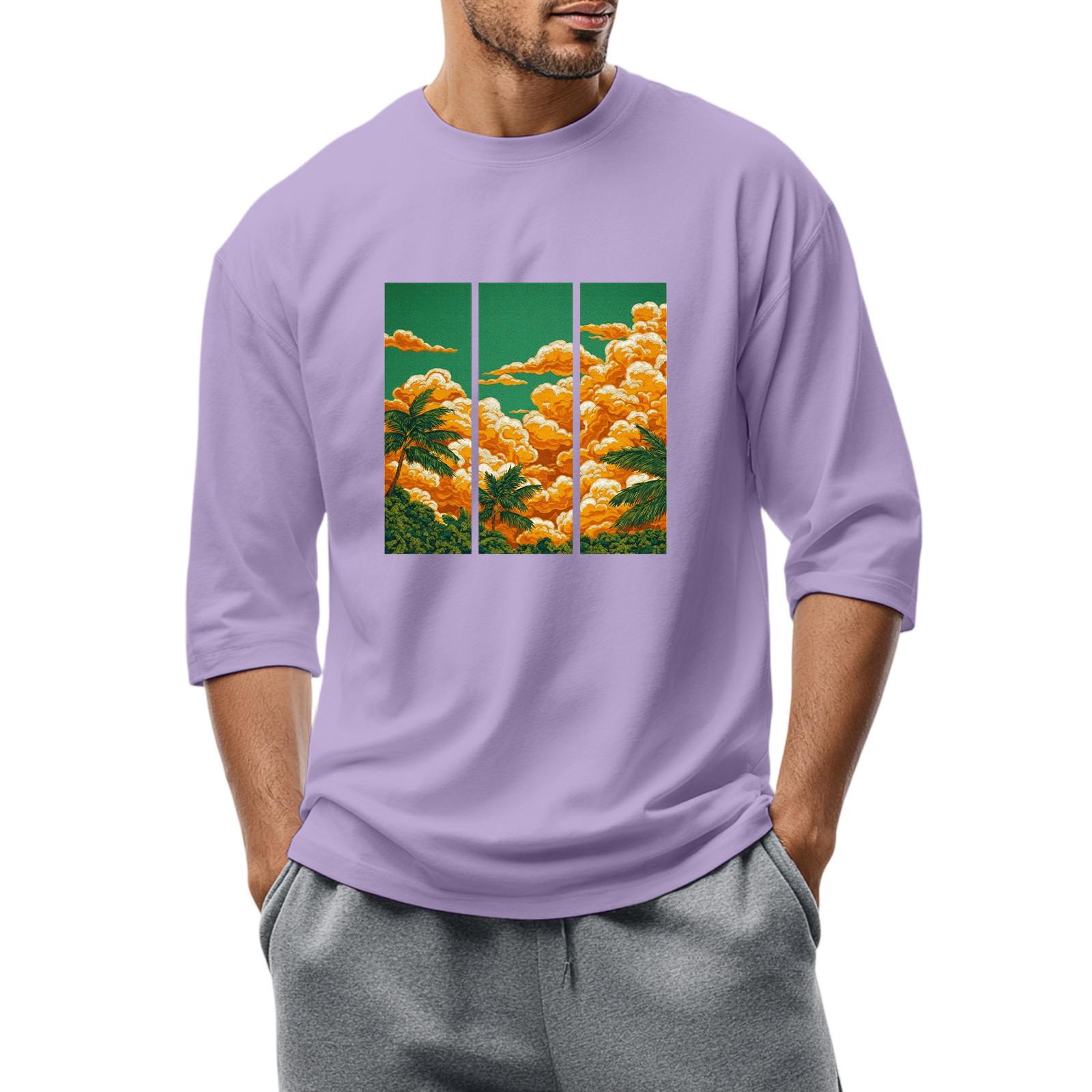 

Men S Round Neck Three-Quarters Sleeve Top Casual Fashion T-Shirt XXL фіолетовий