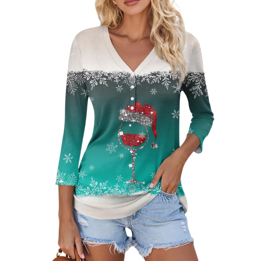 Damska Casualowa Moda Seksowna Wygodna Świąteczny Nadruk Dekolt w Serek Guziki Rękaw Trzy Czwarty Top