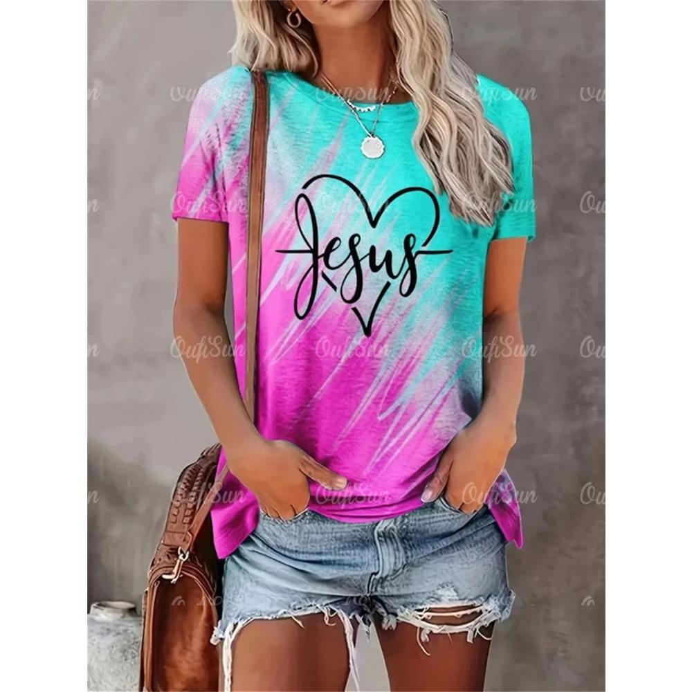2024 New Style T-Shirt For Women Heart Print Top Fashion Women's Oversized Clothes Tees Summer Crew Neck Blouse Original Design