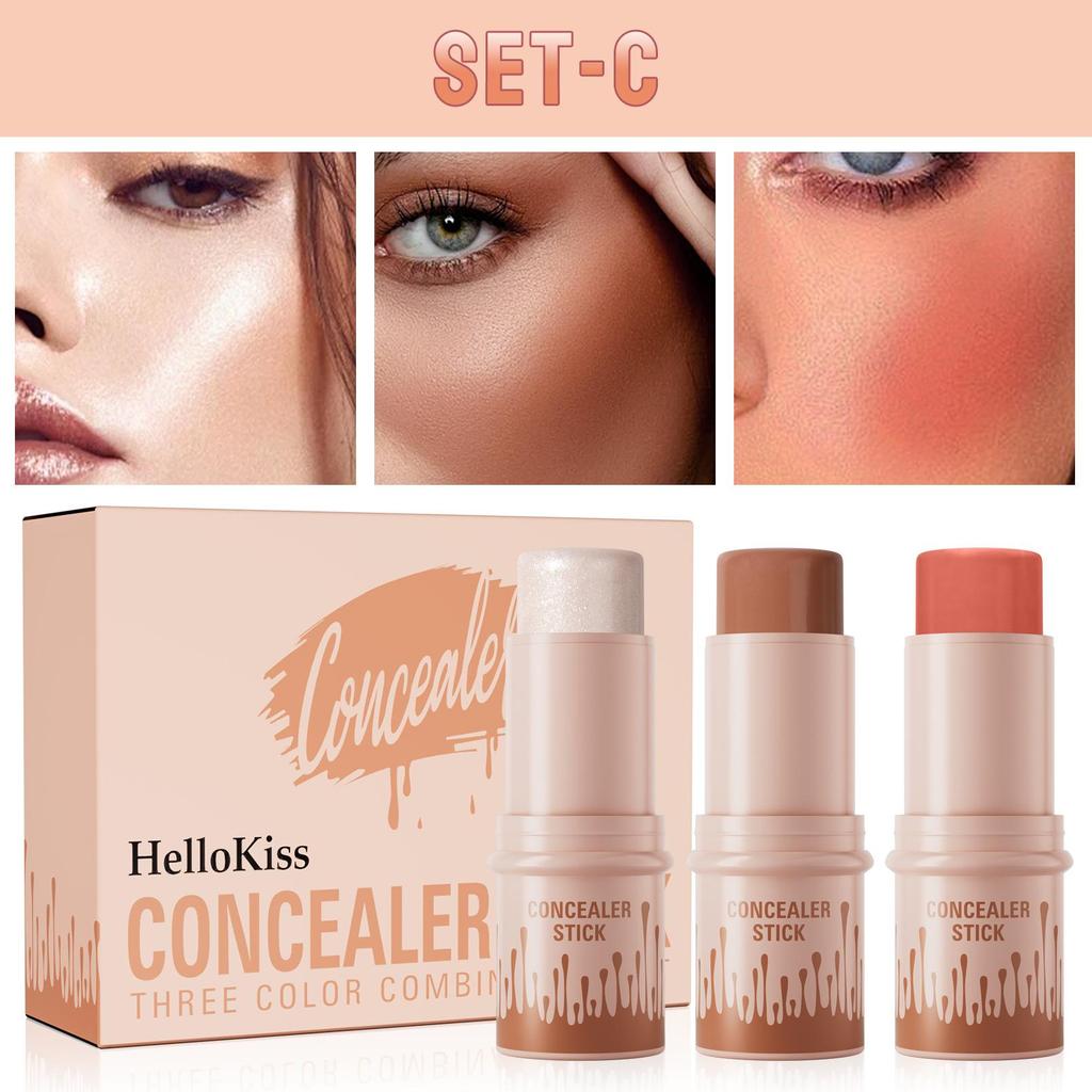 Set di 3 stick per il contouring, stick per il contouring del viso, stick per l'ombretto, stick per il fard, stick correttore perfetto 3 in 1, copertura totale, traspirante e leggero.