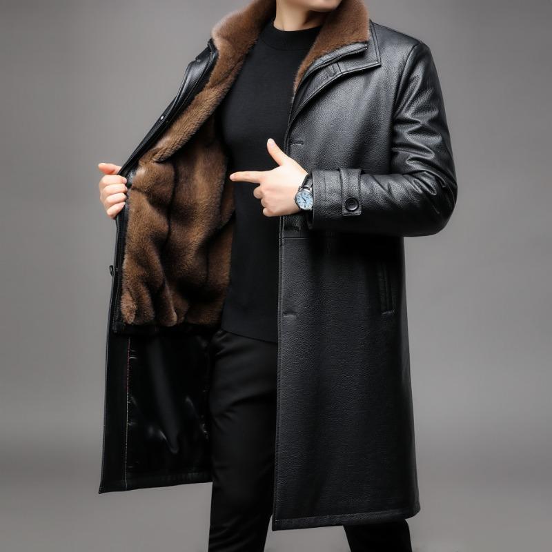 Leather coat with velvet and thickening for middle-aged men with removable inner liner, long fur all-in-one genuine leather fur coat