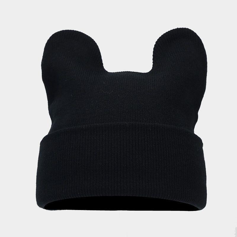 Cute Cartoon Patterned Knit Hat With Thermal Insulation And Sun Protection For Women Black
