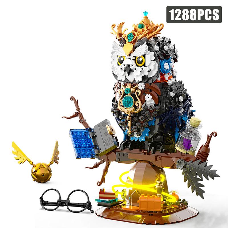1288Pcs Creative Magical Owl With Lights Building Blocks MOC Mechnical Bird Animal Assembly Bricks Toys Children Christmas Gift