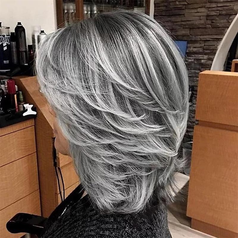 HAIRJOY Dark Gray Ombre Layered Wigs with  Bangs for Black Women Synthetic Hair Short Gray Highlight Straight  Layered Bob Wig