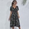 Women Floral Print Long Dress Summer Fall Casual V-neck Short Sleeve High Waist Slim A-Line S-XL