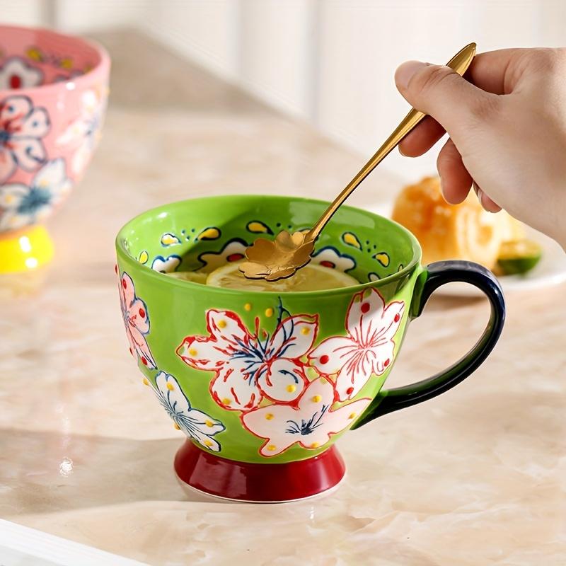 2pcs Floral Ceramic Mug Set 430ml/14.13oz, French Countryside Style with Vibrant Flowers,Butterflies, Reusable, Microwave Safe,for Hot & Cold Drinks,