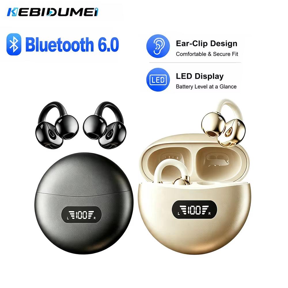 Bluetooth 6.0 Earphones Open Ear Clip Earbuds LED Digital Display ENC Noise Cancelling Wireless Headsets Clear Call Bass Boost Headphones