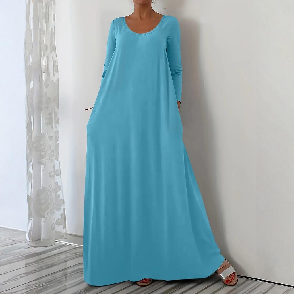 Women's Fashionable Solid Color V Neck Long Sleeved Casual Loose Fitting Pullover Long Dress