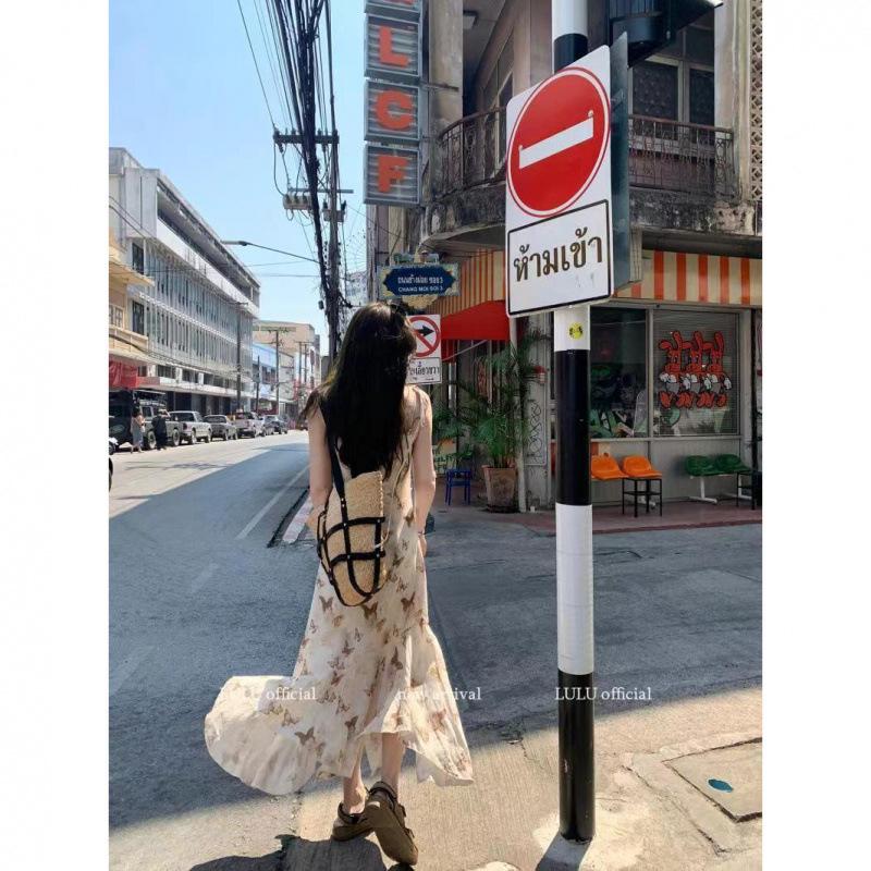Niche Irregular Floral Print Waist-Cinching Elegant Suspender Dress for Spring & Summer