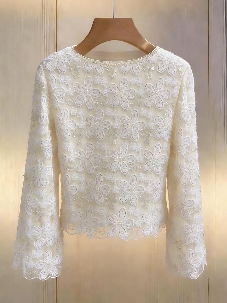 Elegancki damski wełniany top z koralikami, z długim rękawem - Biały, Festiwalowy, Imprezowy