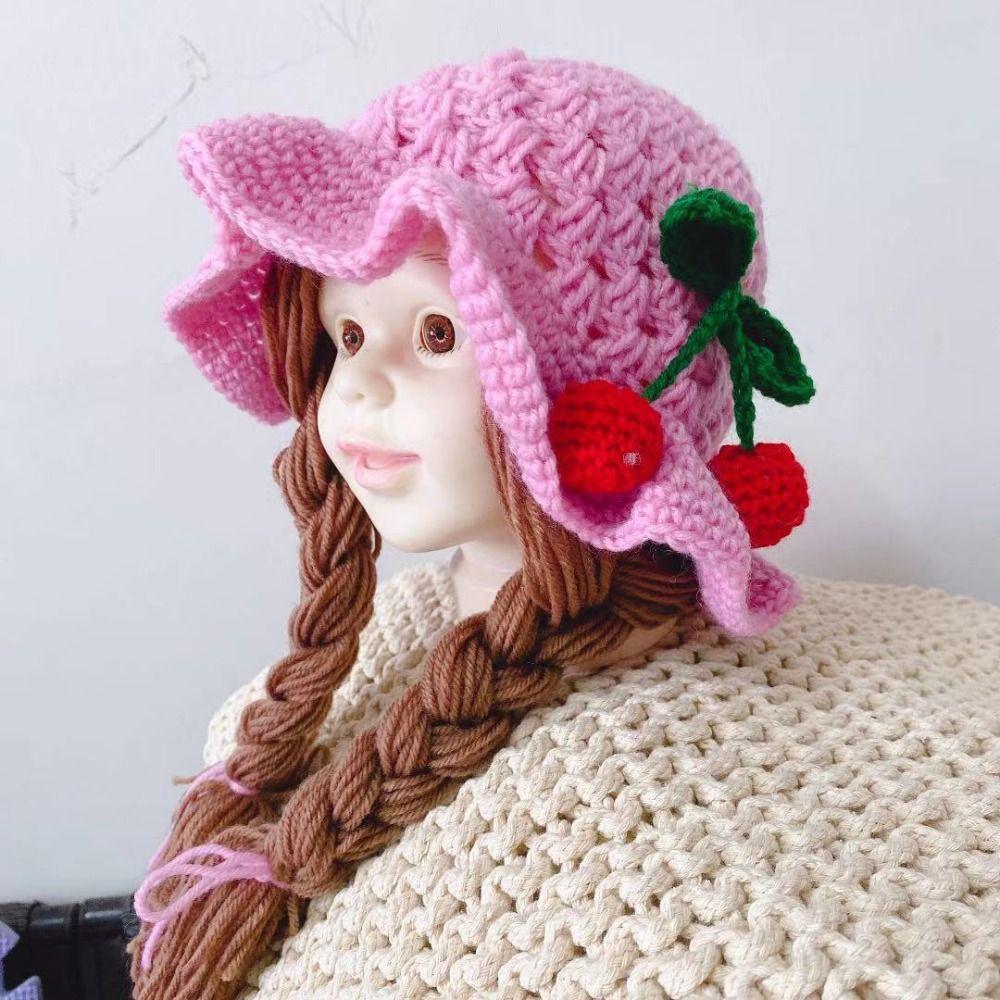 Pink Bow Wool Cap Handmade Knitted With Plaits Handmade Braided Earflap Girls Style Braided Design Crochet Hat Caps Photoshoot