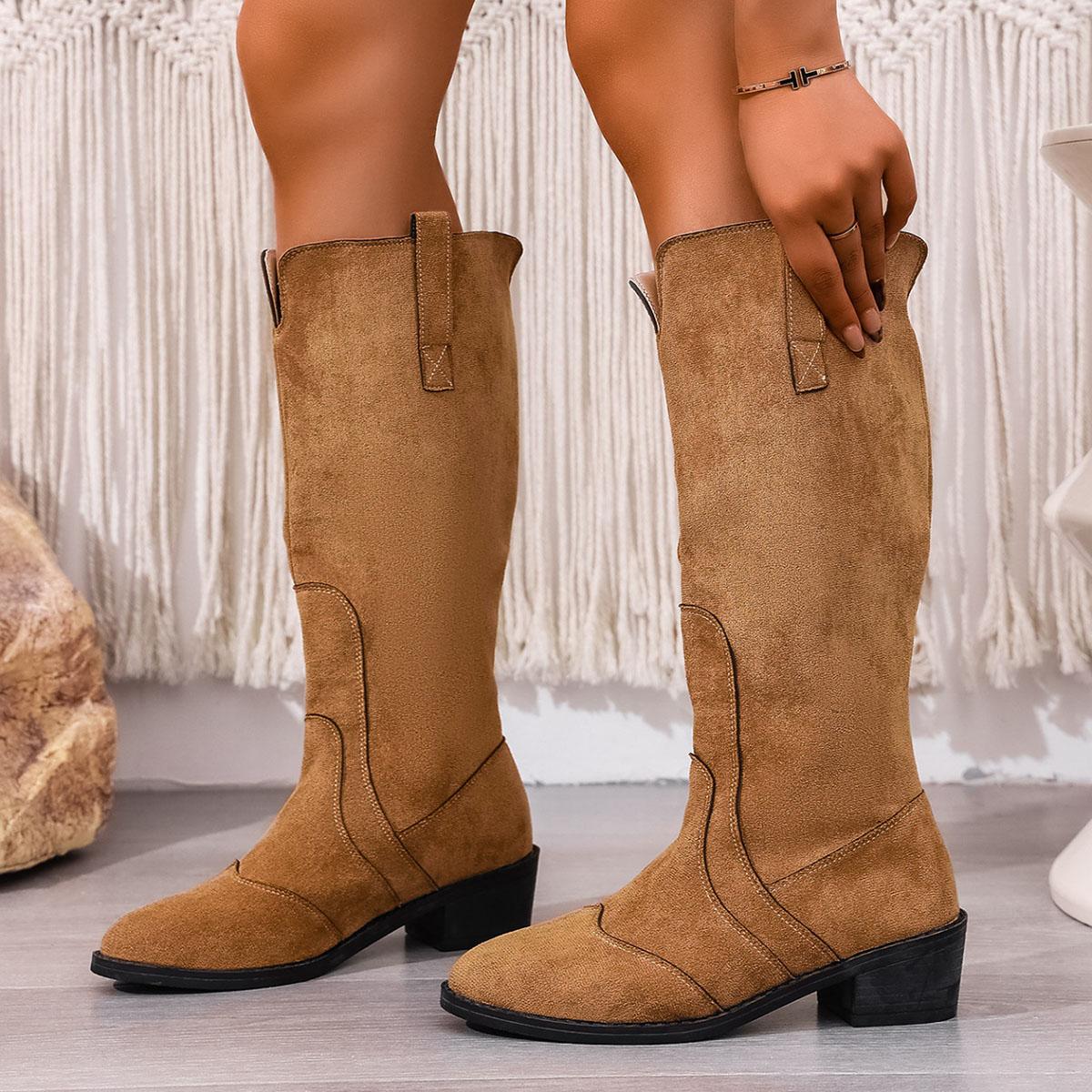 

Празднуйте Осенние Сапоги до Колена Женские Заостренные Замшевые на Толстом Каблуке Женская Обувь Ретро V-образный вырез Сапоги до Бедра Женские 36 коричневый