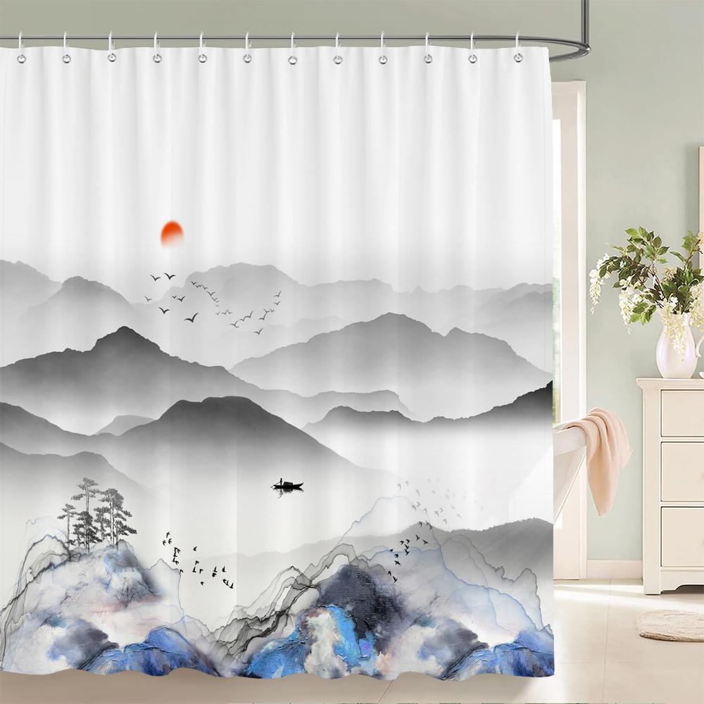 Chinese Ink Painting Landscape Bath Curtain Waterproof Shower Curtains Marble Pattern Bath Screen Printed Curtain For Bathroom