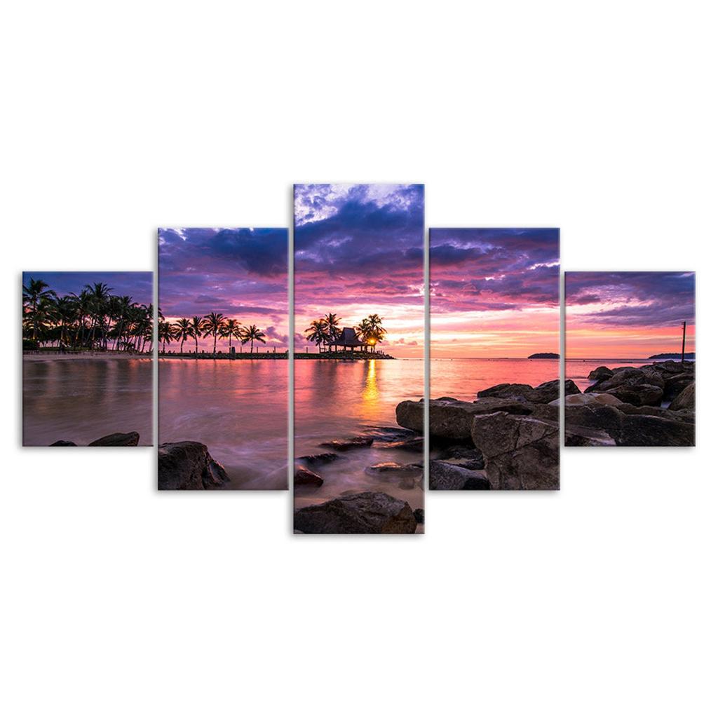 Tropical Beach Rocks Sunset Canvas 5 Piece Five Panel Wall Print Modern Art Poster Picture Home Decor Gift For Him For Her