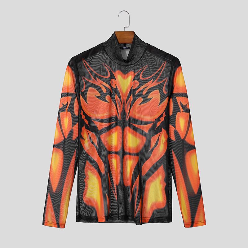 INCERUN Men Long Sleeve Mesh Sheer See Through Print Party Fitted T-shirts Tops