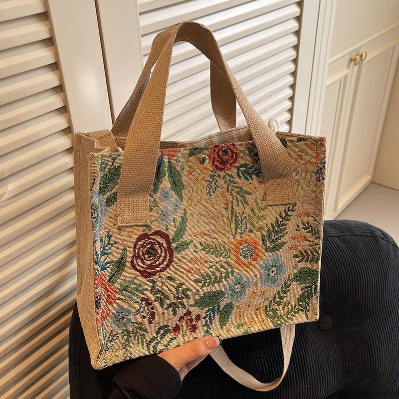 Medium Sized Floral Linen Woven Bag for Women Fashion Crossbody Bag for Women Ins Large Capacity Single-shoulder Handbag for Women
