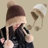 Fashion Autumn and Winter Splicing Knitted Ball Hanging Plush Hat Women Fluffy Plush No Eaves Hat Warm Thickened Plush Ear Hat