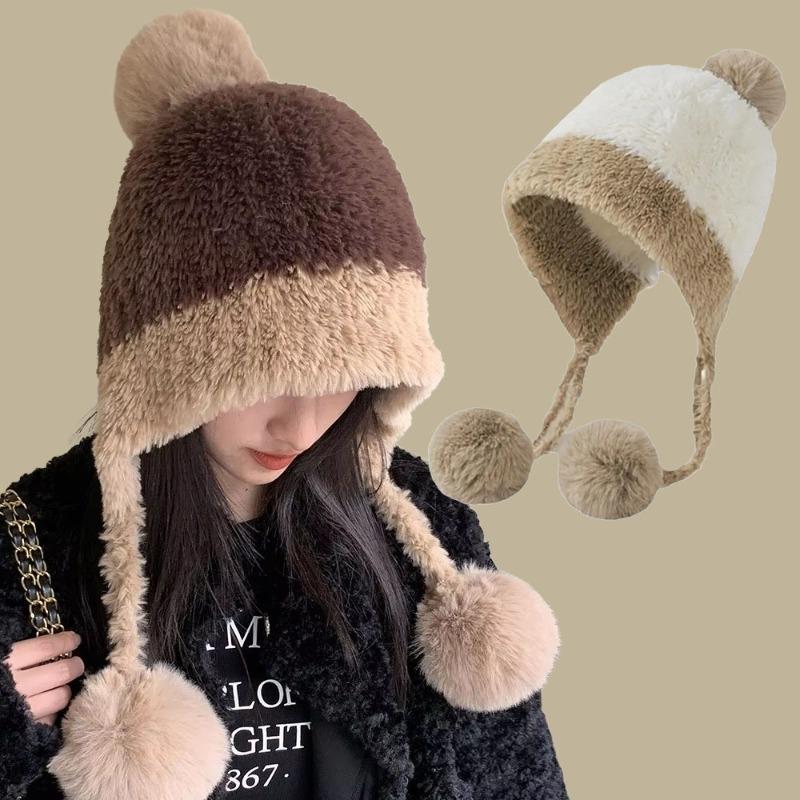 Fashion Autumn and Winter Splicing Knitted Ball Hanging Plush Hat Women Fluffy Plush No Eaves Hat Warm Thickened Plush Ear Hat