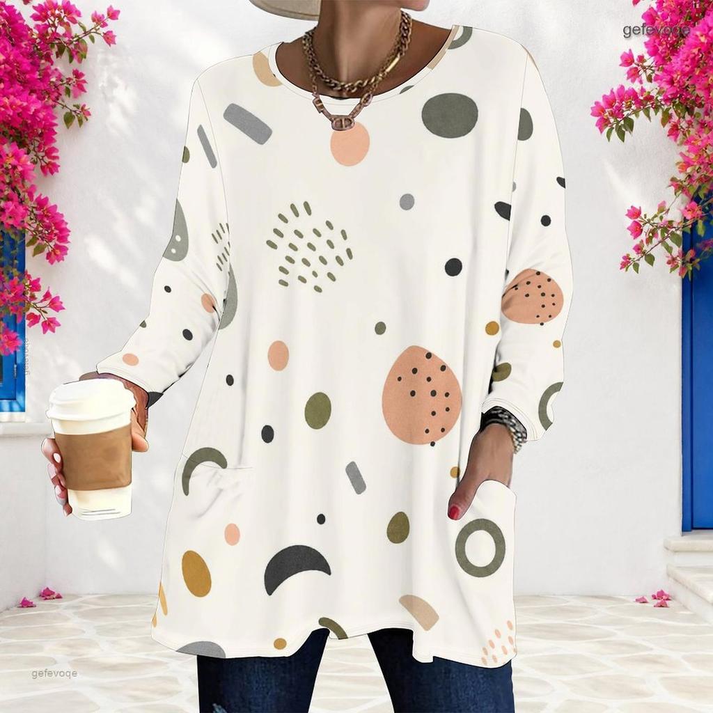 Women Plus Size Round Neck Long Sleeve Pink Purple Plaid Printed Loose Longline T Shirt With Pockets