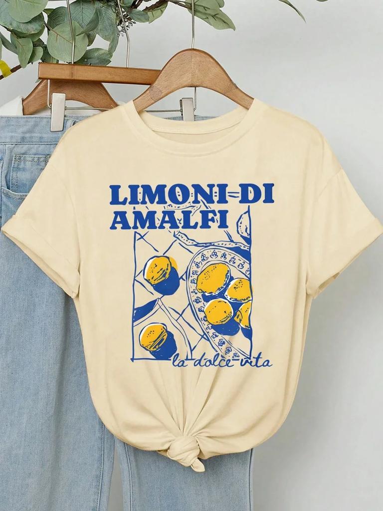 Limoni Di Amalfi Lemon Graphic Women's New Trend Collection Crew Neck Lettering Casual T-Shirt Summer Fashion Tee Tops