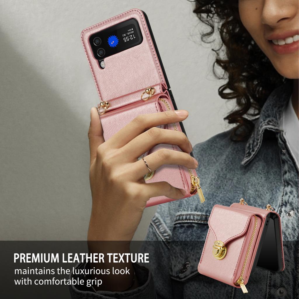 Long Lanyard Zipper Card Wallet Case For Samsung Galaxy Z Flip 7 6 5 4 3 5G Flip6 Flip7 Crossbody Leather Holder Purse Bag Cover