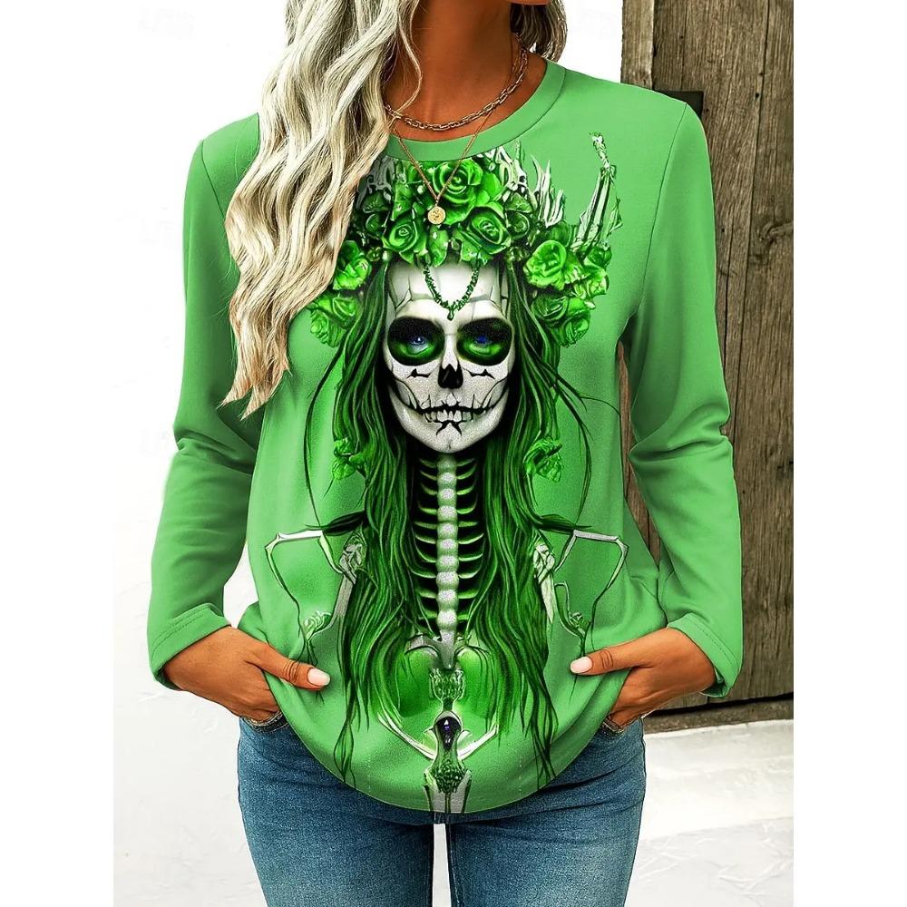 

Женские футболки с длинным рукавом с 3D-принтом черепа на Хэллоуин, осенний свободный повседневный модный топ с круглым вырезом XXXL