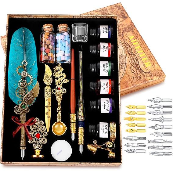 Quill Pen Ink Set-Feather Calligraphy Pen and Ink Set,Includes 6 Bottles of Ink,Quill Pen,Glass Dipping Pen,Wooden Dipping Pen,17 nibs,8 Sheets of