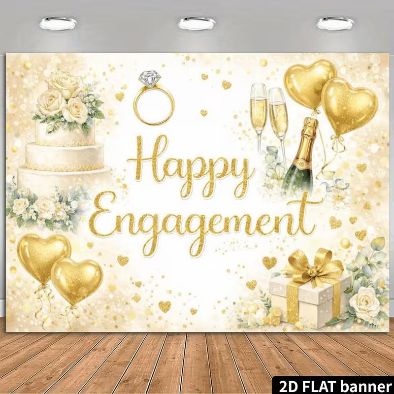 

2D Elegant Engagement Banner, Gold Heart Balloon & White Rose Decoration Background 47.2x31.5inch/120*80cm
