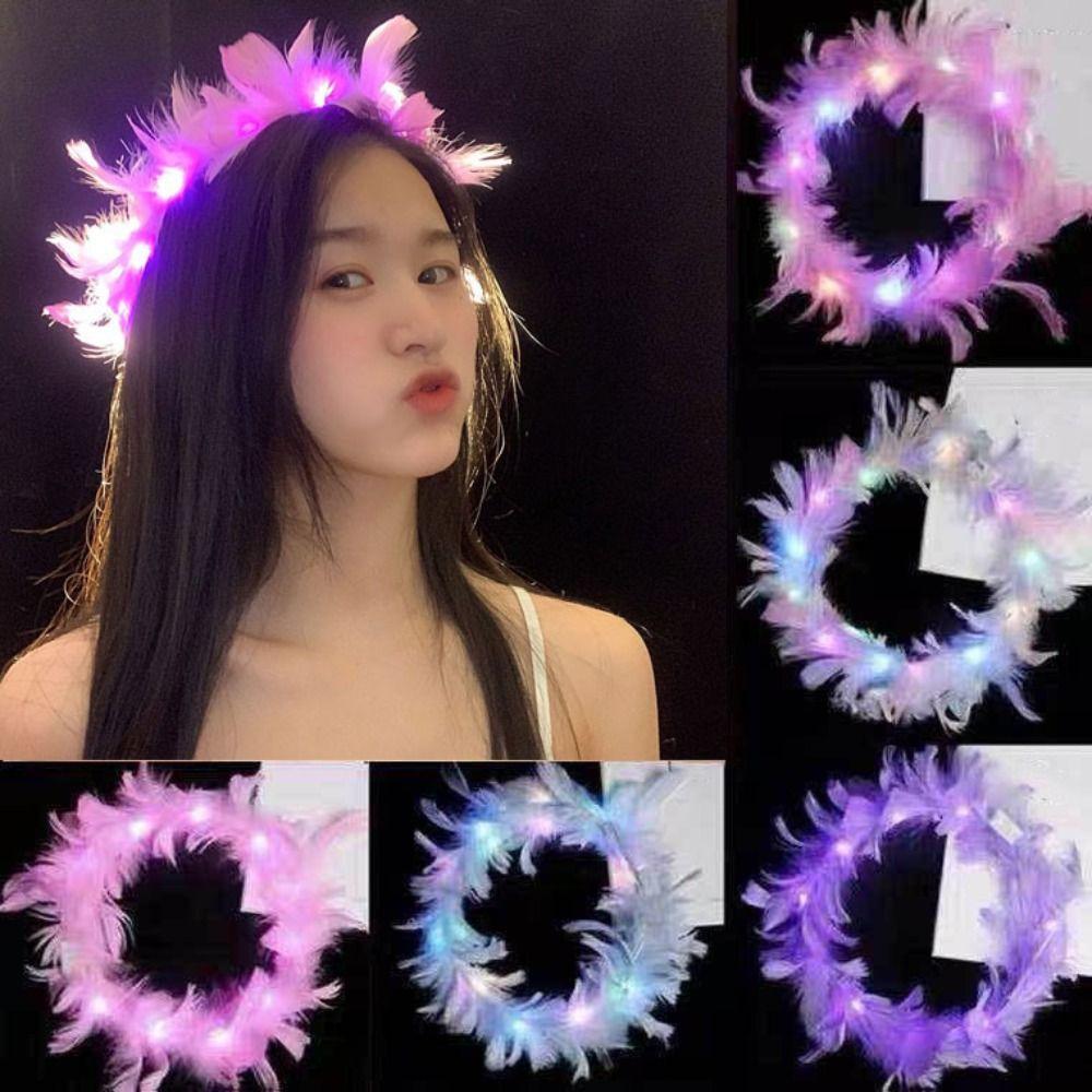 Christmas LED Feather Headband New Year Women Hairband Sweet White Feather Luminous Garland  Party