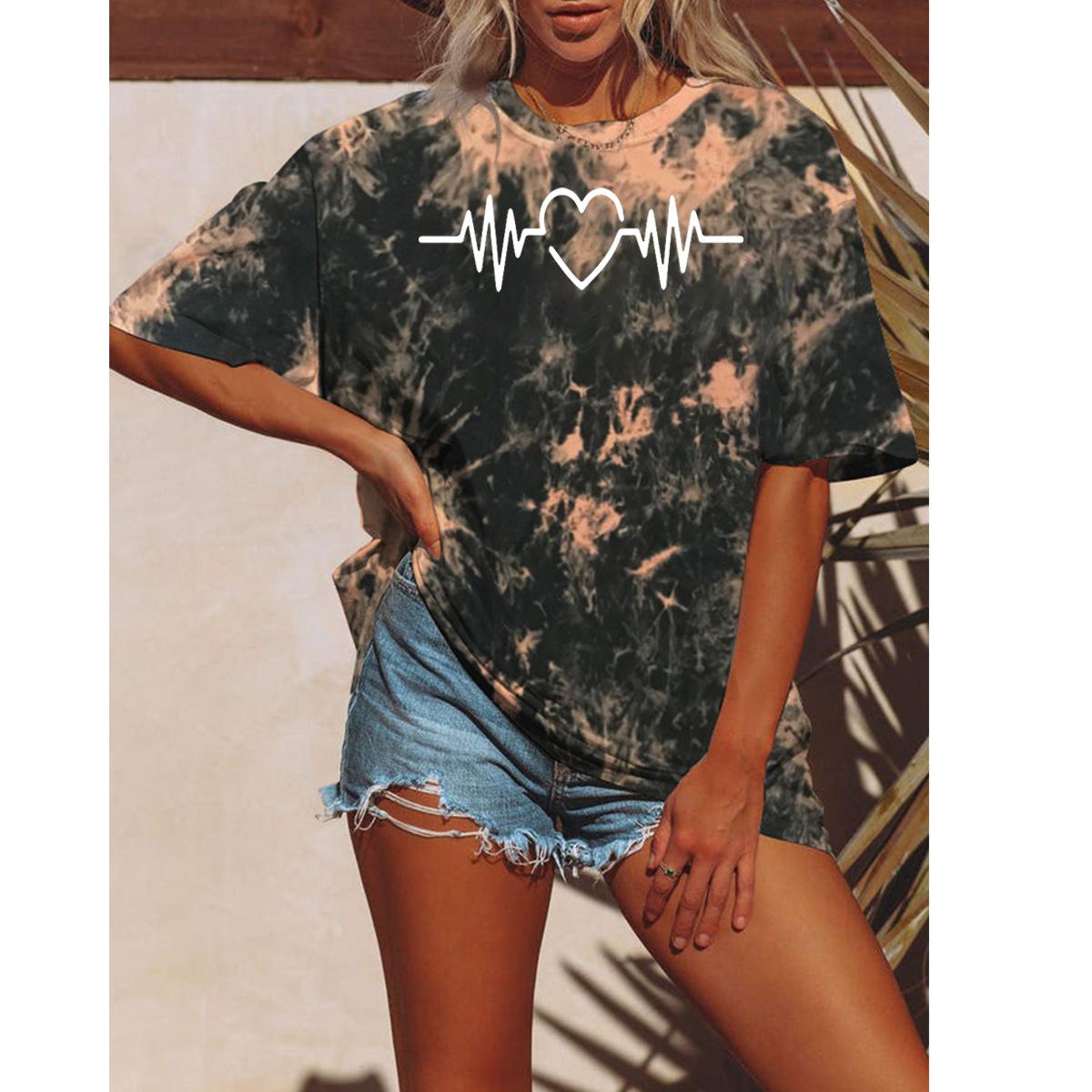 

Летняя женская мода футболка с принтом тай-дай топы футболки женская линия любовь принт короткий рукав одежда женская повседневная стильная одежда 3XL