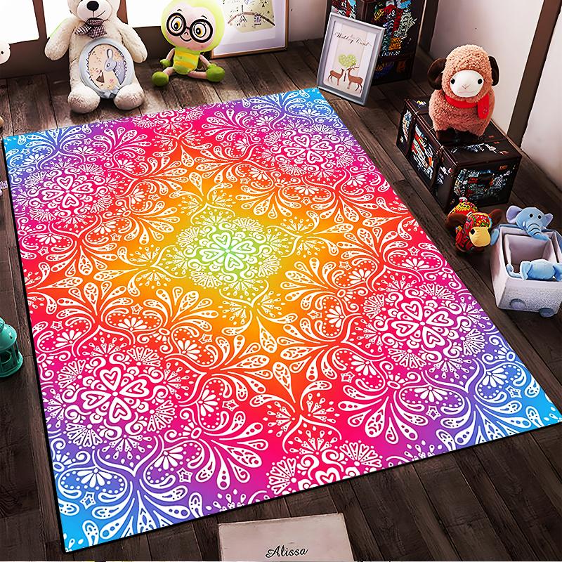 Rainbow Gradient Mandala Pattern Rug with Intricate White Designs Suitable for use as an anti-slip for living room bedroom sofas