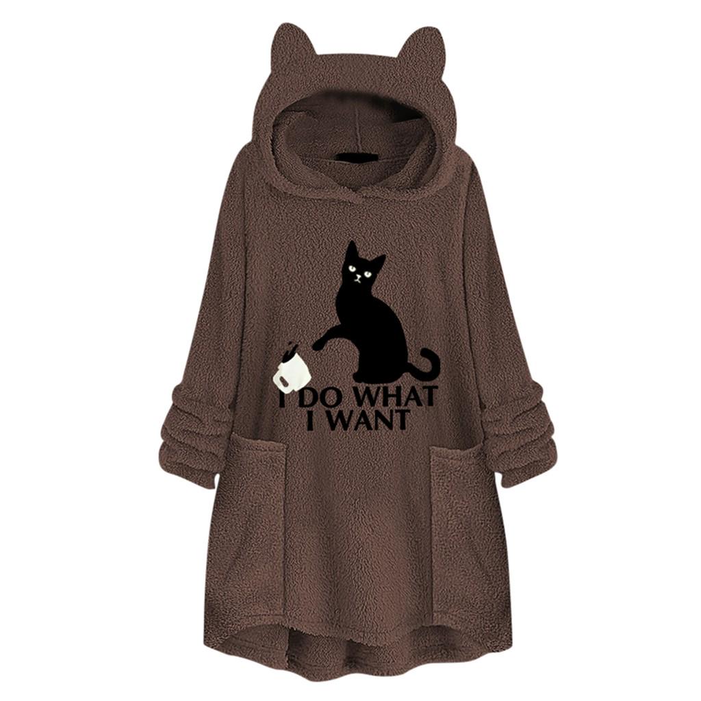 Women Fleece Embroidery Cat Ear Plus Size Hoodie Pocket Top Sweater Blouse