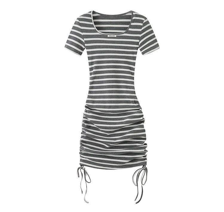 2025 French Square Neck Striped Drawstring Dress - Petite Summer Hip-Hugging Skirt for Women
