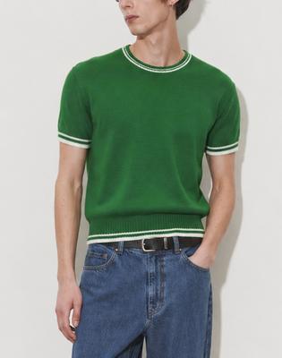 Meleugo Tipping Round Neck Crop Short Sleeve Knit [Green]