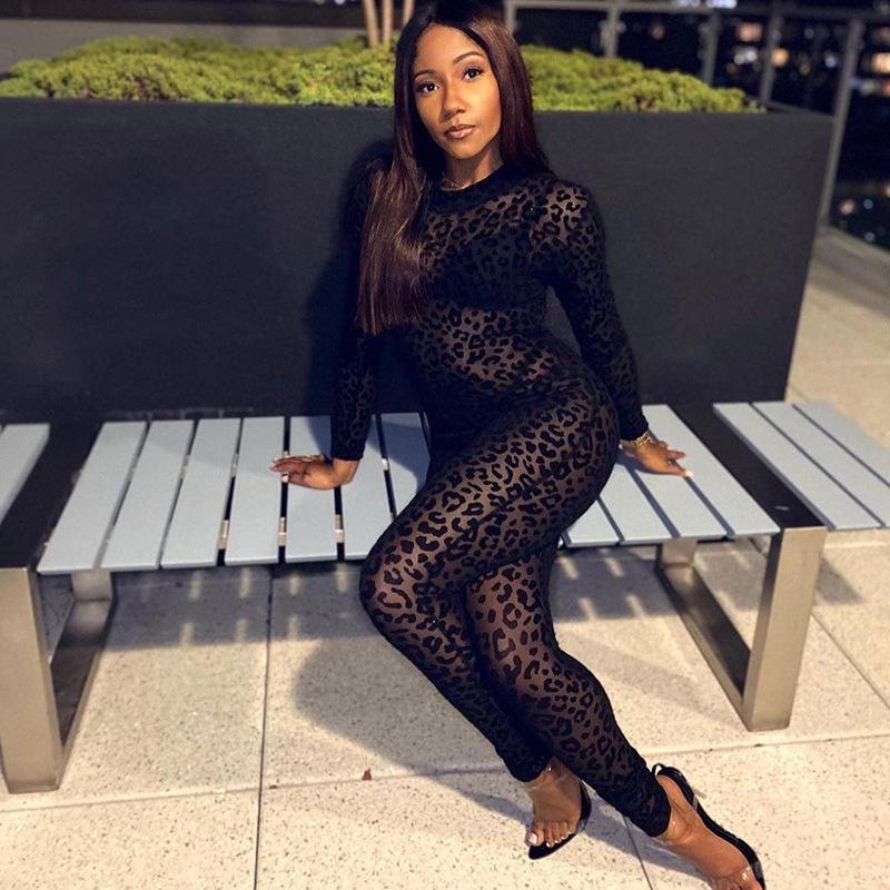 New Women's European & American Style Slimming Long Sleeve See-Through Flocked Jumpsuit